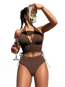 lot 29078 image: SKAYS High Waisted Bikini Sets for Women 2 Piece Halter Bathing Suit Beach Drawstring Swimsuits Vintage Swimwear Brown L - Retail $30