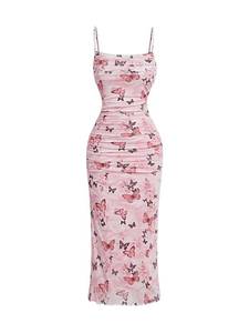 lot 29086 image: Verdusa Womens Butterfly Print Ruched Bodycon Dress Ruched Backless Cami Maxi Dress Pink X-Small - Retail $39