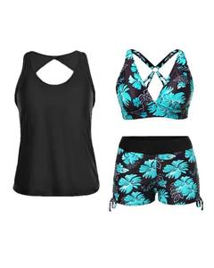 lot 29088 image: Yonique 3 Piece Tankini Swimsuits for Women Swim Tank Top Bathing Suits with Boy Shorts and Bra Athletic Swimwear Blue Floral 01 L - Retail $43
