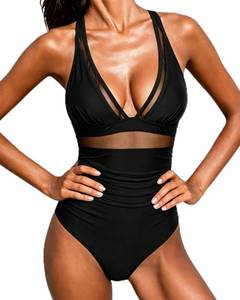 lot 29090 image: SUUKSESS Women Slimming Tummy Control One Piece Swimsuits Sexy Mesh High Waisted Monokini Bathing Suits (Black, L) - Retail $36