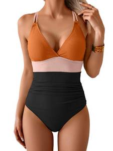 lot 29095 image: Aidonger Womens One Piece Color Block Swimsuit Tummy Control Slimming Bathing Suit V Neck Cutout High Waisted Swimwear (Pink Black Orange) Medium