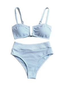 lot 29096 image: SOLY HUX Womens Two Piece Swimsuit Striped V Wired High Waisted Bikini Set Bathing Suit Blue and White Striped Large