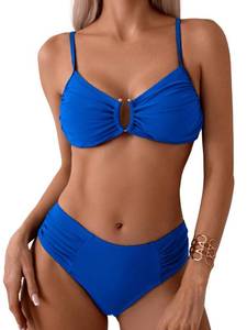 lot 29098 image: SweatyRocks Womens Two Piece Bikini Set Ring Linked Ruched Underwire Bikini Bathing Suit Swimwear Set Swimming Suit Royal Blue Large - Retail $27