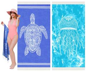 lot 29101 image: Vikumond Thin Turkish Beach Towel Lightweight Soft Cotton Extra Large XL Oversized Sand Free Sandproof Absorbent Quick Dry Towels Cloud Bath Pool Travel Compact Essentials Accessories for Adult Gifts 2pk - Retail $255