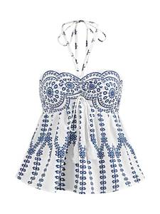 lot 29103 image: BEAUDRM Womens Y2K Boho Floral Halter Top Tie Backless Ruched Ruffle Flowy Summer Vacation Halter Going Out Tops Blue and White Medium
