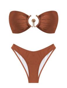 lot 29105 image: ZAFUL Womens 2 Piece Strapless Smocked Ring Tanga Bandeau Bikini Set Swimsuit Bathing Suits Brown M