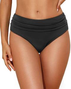 lot 29113 image: Tempt Me Women Black Mid Rise Bikini Bottoms Full Coverage Swimsuit Ruched Scrunch Swim Bottom L - Retail $20