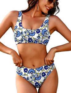 lot 29114 image: AIMAGE Women Ribbed Bikini Sets Sporty Swimsuits Scoop Neck Two Piece Bathing Suits High Cut Bikini(Flower,Small) - Retail $25