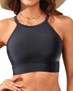 lot 29116 image: Black Women Swim Bikini Top - High Neck Modest Bathing Suit Top Swimwear XL - Retail $24