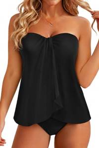 lot 29117 image: Tempt Me Black Two Piece Tankini Bathing Suits for Women Halter Bandeau Swim Top with Bottom Flyaway Tummy Control Swimsuit XL - Retail $40