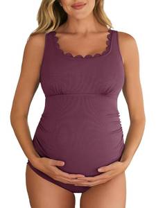 lot 29119 image: Summer Mae Ribbed Maternity One Piece Swimsuit Scalloped Cut Out Pregnancy Bathing Suit Square Neck Swimwear Plum Small - Retail $37
