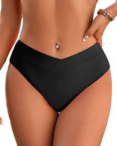 lot 29124 image: Fanuerg Womens Bikini Bottom Cross V Cut Front Swimsuit Full Coverage Bathing Suit Bottoms Black M - Retail $15