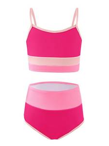 lot 29127 image: Haloumoning Girls Swimsuits Bikini Set Adjustable Straps Two Piece Color Block Girls Swimwear with Chest Pad 5-14 Years Size 120 - Retail $15