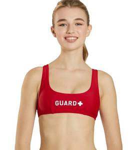 lot 29129 image: Sporti Guard Bikini Top �� Chlorine-Resistant Lycra Xtra Life, UPF 50, Strappy Back, Shape-Retention SwimSwimsuit Top for Active Lifeguards & Pool Workouts - Red - X-Small - Retail $34