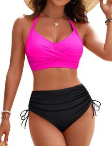 lot 29132 image: Blooming Jelly Womens High Waisted Bikini Sets Cross 2 Piece Swimsuit Tummy Control Bathing Suit (Large, Pink) - Retail $39