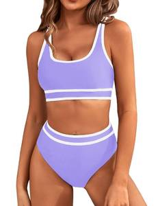 lot 29133 image: BMJL Womens High Waisted Bikini Sets Sporty Two Piece Swimsuits Color Block Cheeky High Cut Bathing Suits(M,Lavender Purple) - Retail $35