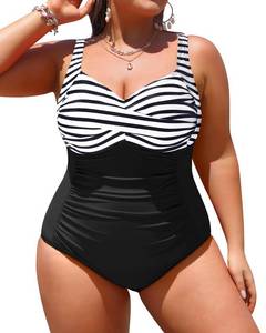 lot 29134 image: Yonique Women Plus Size One Piece Swimsuits Tummy Control Bathing Suits Twist Front Ruched Swimwear Stripe 16W - Retail $39