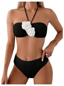 lot 29135 image: SHENHE Womens 2 Piece Halter Swimsuit 3D Flower Appliques Bandeau Tummy Control Bikini Set Black and White Medium