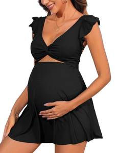 lot 29136 image: Charmo Ruffle Ribbed Maternity Swimsuit One Piece Cutout Pregnancy Bathing Suits Push Up Twisted Swimwear Swim Dress Black XL - Retail $30