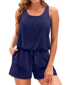 lot 29137 image: Tempt Me Romper One Piece Swimsuits with Short - Women Boyleg with Pockets Modest Bathing Suit 2025 Swimwear Navy Blue M - Retail $43