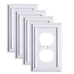 lot 30990 image: Pure White Decorative Outlet Covers Wall Plates, Bamboo Fiber Light Switch Covers, Natural Material Electric Receptacle Switch Plate Outlet Cover of various styles (1 Gang Duplex 4 Pack) - Retail $15