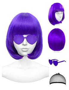 lot 31006 image: NSODREEM Purple Wig and Party Sunglasses, 12 Inch Dark Purple Bob Wigs for Women, Neon Glasses Short Wigs for Women - Bachelorette Party Wigs Decorations Favors (Purple) - Retail $14