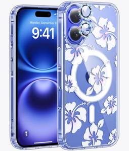 lot 31028 image: Jkvare for iPhone 16 Case Compatible with MagSafe, Diamond Bling Camera Lens Protector, Crystal Clear Aesthetic Pattern Wireless Magnetic Protective Phone Cover for Women Girls - Pastel Hibiscus - Retail $10