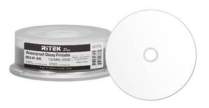 lot 31031 image: 8 Pack Ritek Pro (Professional Grade) BD-R Blu-ray 4X 25GB Watershield Water Resistant Glossy White Inkjet Hub Printable Blank Recordable Disc - Retail $27