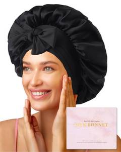 lot 31032 image: AWAYTR 100% Mulberry Silk Hair Bonnet for Women Sleeping with Tie Band 19 Momme Silk Sleep Cap Night (US, Alpha, One Size, Black) - Retail $19