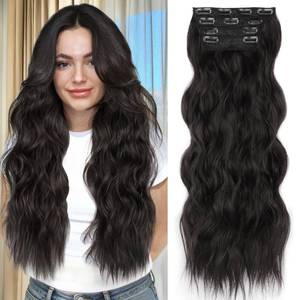 lot 31034 image: ALXNAN Clip in Long Wavy Synthetic Hair Extension 24 Inch Black Brown 4PCS Thick Hairpieces Fiber Double Weft Hair for Women - Retail $26