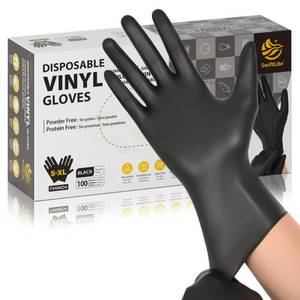 lot 31043 image: SWIFTLITE Black Vinyl Gloves, Food Grade Gloves Disposable Latex Free & Powder Free, Guantes for Cleaning Cooking Food Prep (100, Small) - Retail $7