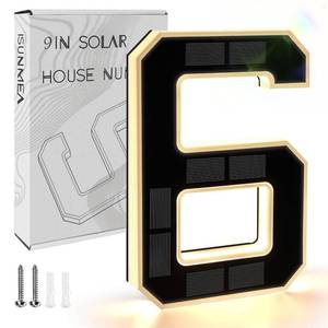 lot 31044 image: ISUNMEA 9 Inch Solar Lighted House Numbers for Outside, Light Up Waterproof LED Address Numbers Signs for Houses, Large Personalized Illuminated Exterior Modern House Numbers Light (6-Black, 9IN) - Retail $23