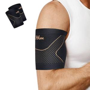 lot 31074 image: ITHW Copper Bicep Tendonitis Brace, Upper Arm Compression Sleeve for Pain Relief, Bicep Brace for Men and Women Muscle Strains Recovery (Copper, Large) - Retail $10