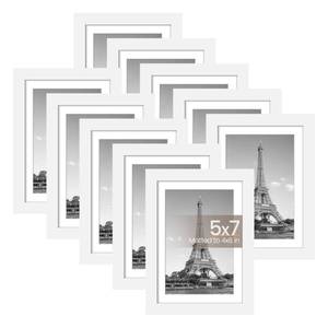 lot 31078 image: upsimples 5x7 Picture Frame Set of 7, Display Pictures 4x6 with Mat or 5x7 Without, Multi Photo Frames Collage for Wall or Tabletop Display, White - Retail $26