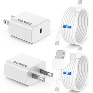 lot 31098 image: 2-Pack 20w USB C Charger for iPhone 17 Air1615Pro Max with Long 10ft USB C to C Cable,iPhone Charger Fast Wall Charger Block Compatible with iPad Pro AirPods and More - Retail $8