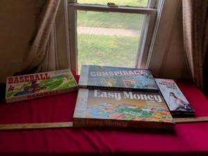 lot 11 image: Classic Milton Bradley Board Game Collection - Baseball, Conspiracy, Easy Money, Word Master Mind