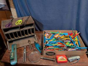lot 271 image: Mixed Office Supply and Tool Collection with Wooden Organizer