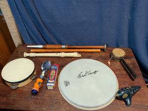 lot 298 image: Musical Instrument Collection with Signed Drum Head and Ocarina