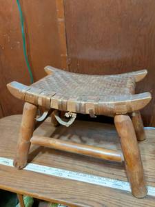 lot 409 image: Wood and Woven Strap Stool needs repaired