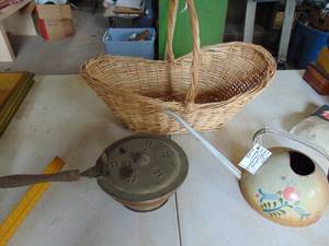 lot 1925 image: Basket - Bed Warmer - and Hand Painted waterer 