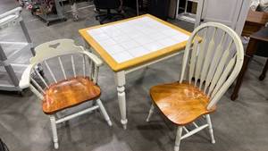 lot 102 image: Tile top dining table 29 x 36 x 36 with two different dining chairs