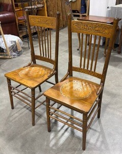 lot 111 image: Antique leather seat wood dining chairs (2)