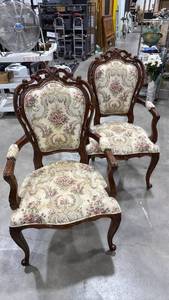 lot 113 image: Vintage French Louis XV style parlor armchairs with a carved wood frame and floral tapestry upholstery (2)