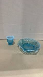 lot 1003 image: Blue opalescent Glass Bowl and Hobnail bud Vase Set