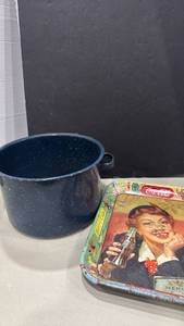lot 1013 image: Coca-Cola tin tray and enamel pot with no lid