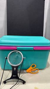 lot 1024 image: Mighty Bright LED Magnifying Lamp with Craft Storage Containers and scissors