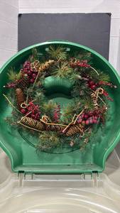 lot 1036 image: Sterilite Christmas Wreath Storage Container with wreath with Pine Cone and  Berries