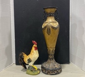 lot 1043 image: Ornate pillar candleholder 20in and rooster figurine