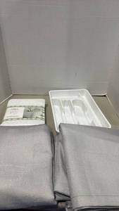 lot 1085 image: 2 gray Curtains 42x84, table cloth and silverware organizer