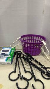 lot 1093 image: Small storage Basket with XL Vacuum Storage Bag and Black space saving Hangers